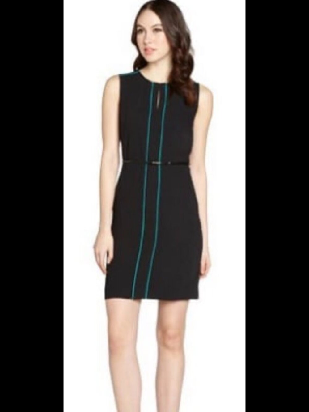 Calvin Klein Sleeveless Sheath Black Dress W/ Green Piping Accent  Sz 12 NWT